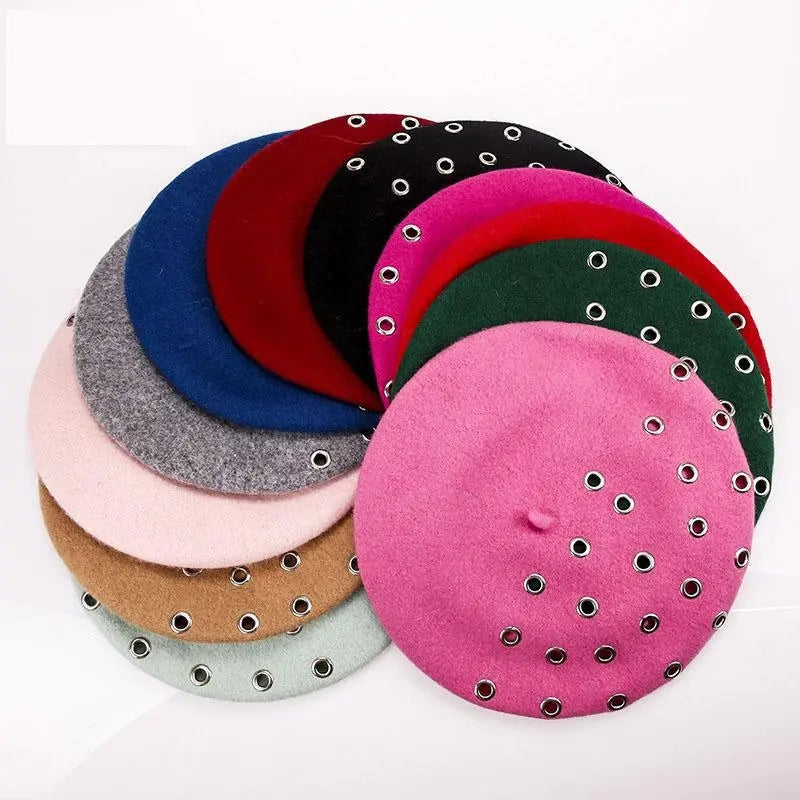 Winter Woolen berets with Lovely Circle Iron Ring Solid Breathable Autumn Outdoor Casual Retro.